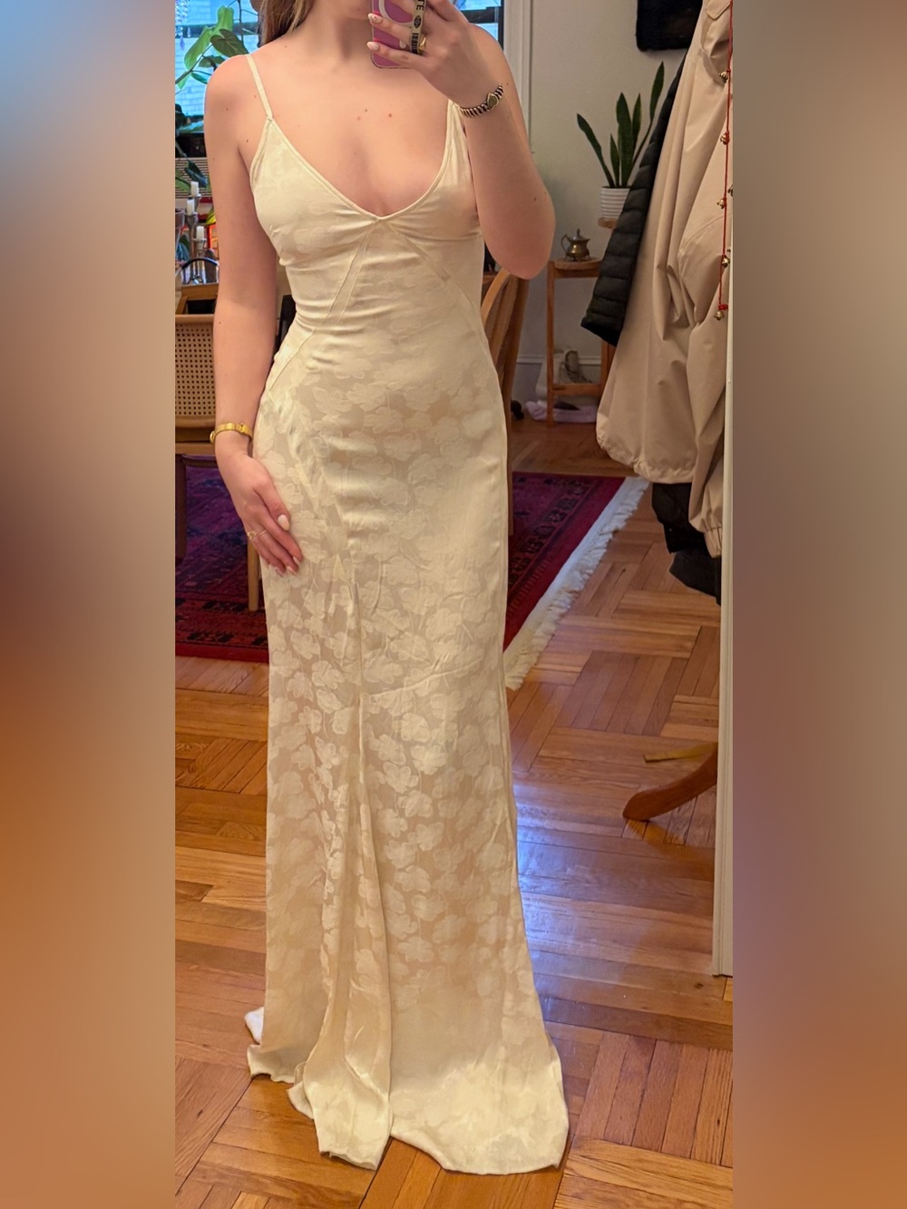 Ivory Floral Slip Dress with Spaghetti Straps (Slinky!)